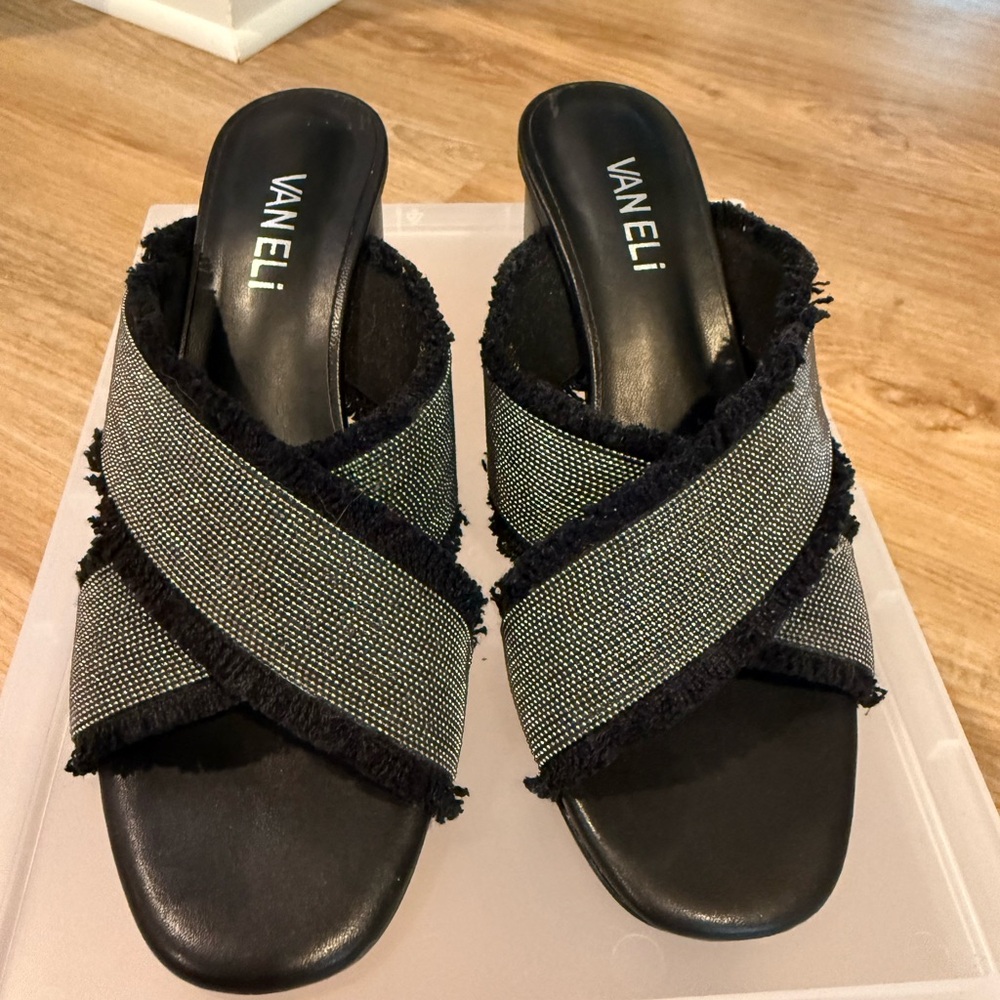 Vaneli Black Canvas/Pewter Chain Sandals